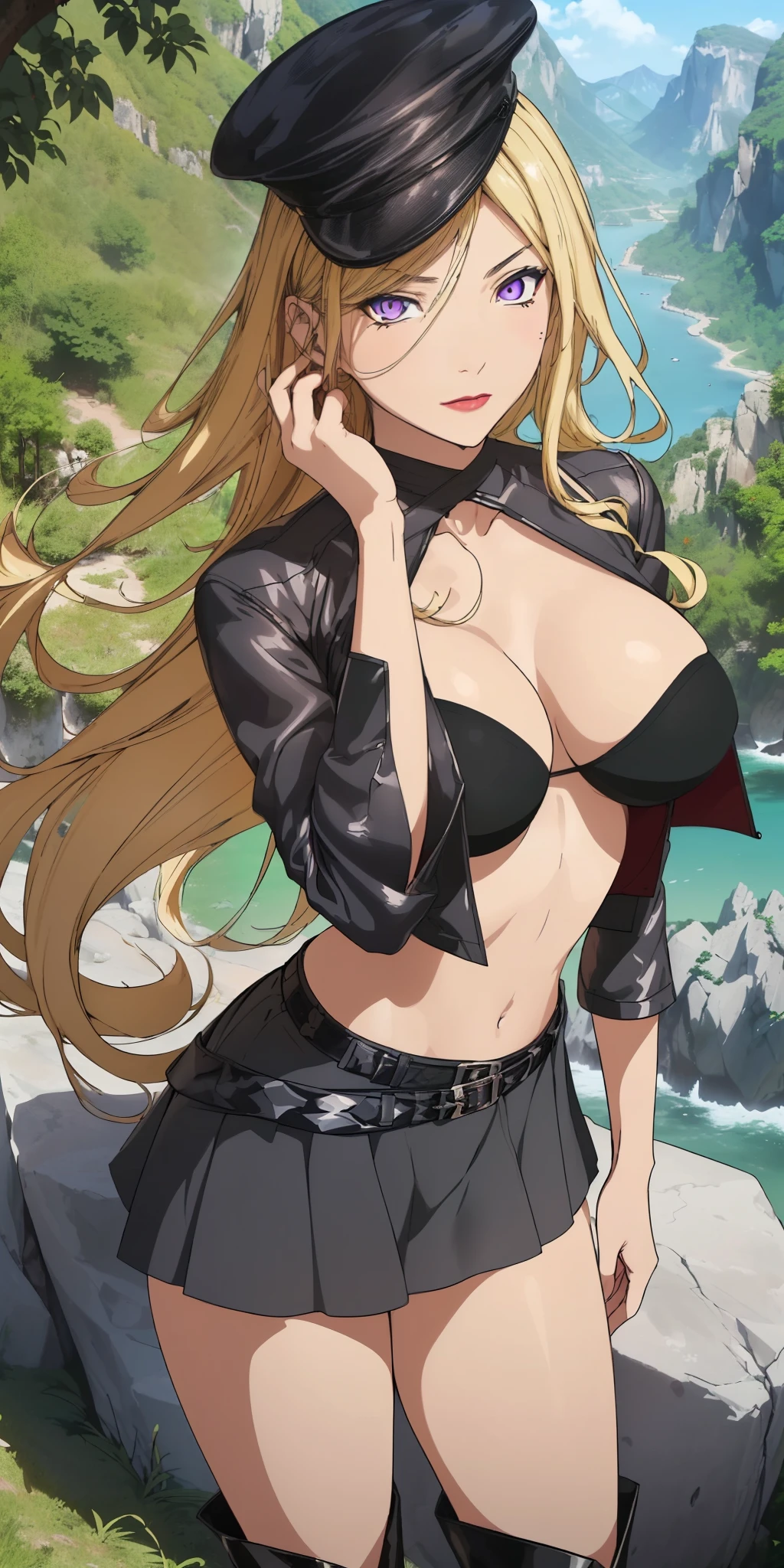 Medium and round breasts, she is charming ((Bishamonten is a beautiful woman)), ((blonde hair that reaches her feet, and at the end of it is a little curled, natural style)), double eyelids, light purple eyes, eyes detailed, hyper detailed, light effect on the eyes, detailed iris, with incredible breasts and perfect waist, and an extremely sensual body, ((she usually wears in her battles it consists of a black bra, a gray jacket, a short black skirt and a pair of long black boots. Also included is a military style hat, light and stylish fabric, stylish and cool, military style clothes)), ((round breasts))), beautiful heavy makeup, cleavage, ((masterpiece , hyper realistic, hyper detailed, best quality, 16k, light and shadow effect on skin, vivid colors), eyeliner, passionate expression, perfect pink lips, innocent and sexy face, happy expression, calm ((skin with light and shadow), beautifully seductive, ((Bishamonten has an exuberant appearance, she is a beautiful woman, with a sensual body)), flirting with the viewer, in a variable sensual pose, beautifully seductive ((variable superiority pose)), in a cliff, rocks, mountains in the background of the scenery