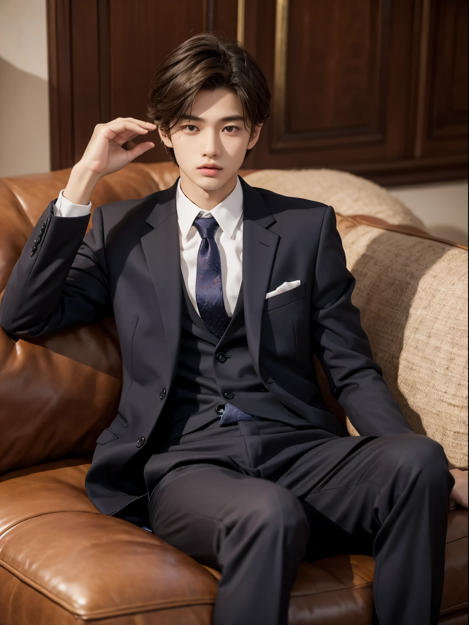 gender:man, 17 y.o, handsome, comma hair, suit, tie, sitting room