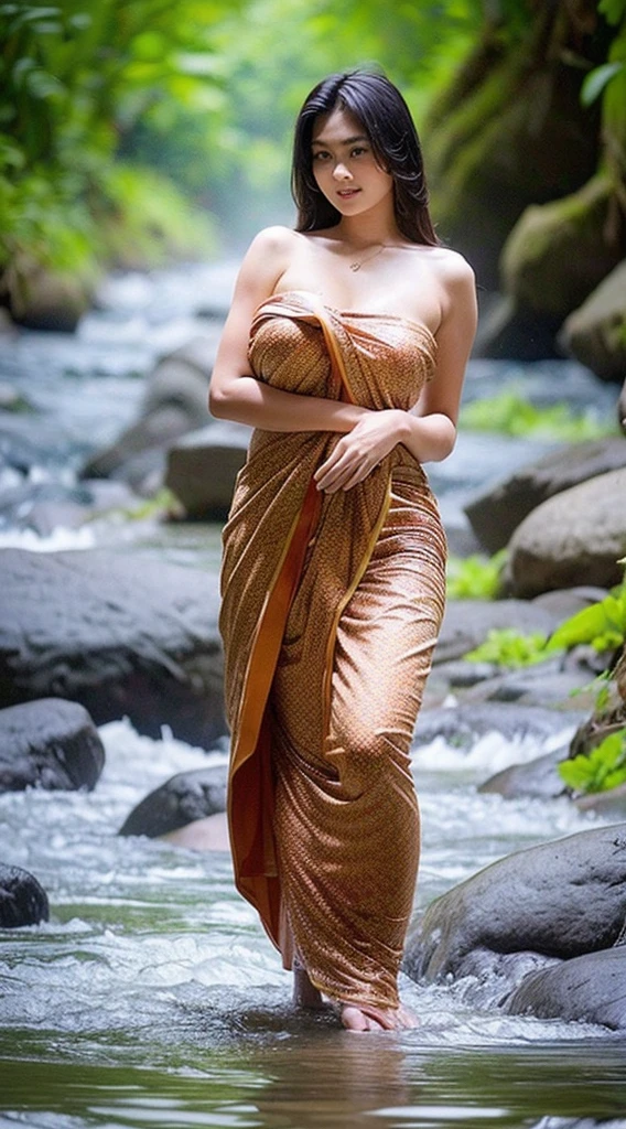 A Beautiful Girl, (long-haired), ((Thai sarong, thin, Thai Lai, bathe)), ((enormous breasts, Beautiful breast, huge breast)), (ผอมthin, slim, flat stomach), (elongated legs, beautiful legs), Wet body, waterfall, stream, river bank, natural