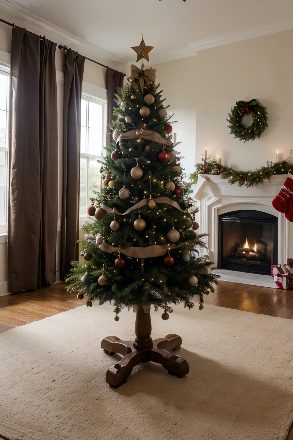 beautiful realistic christmas tree in foreground,