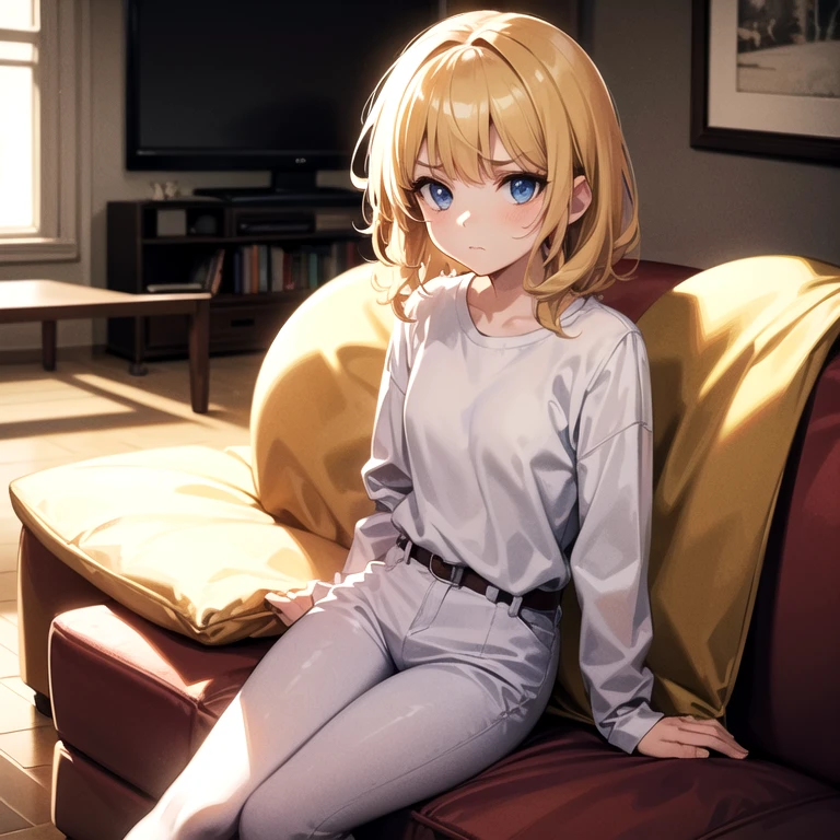 masterpiece, best quality, 1girl, solo, wavy hair, short hair, blonde hair, blue eyes, white shirt, long sleeves, beige pants, sitting, couch, living room, frown