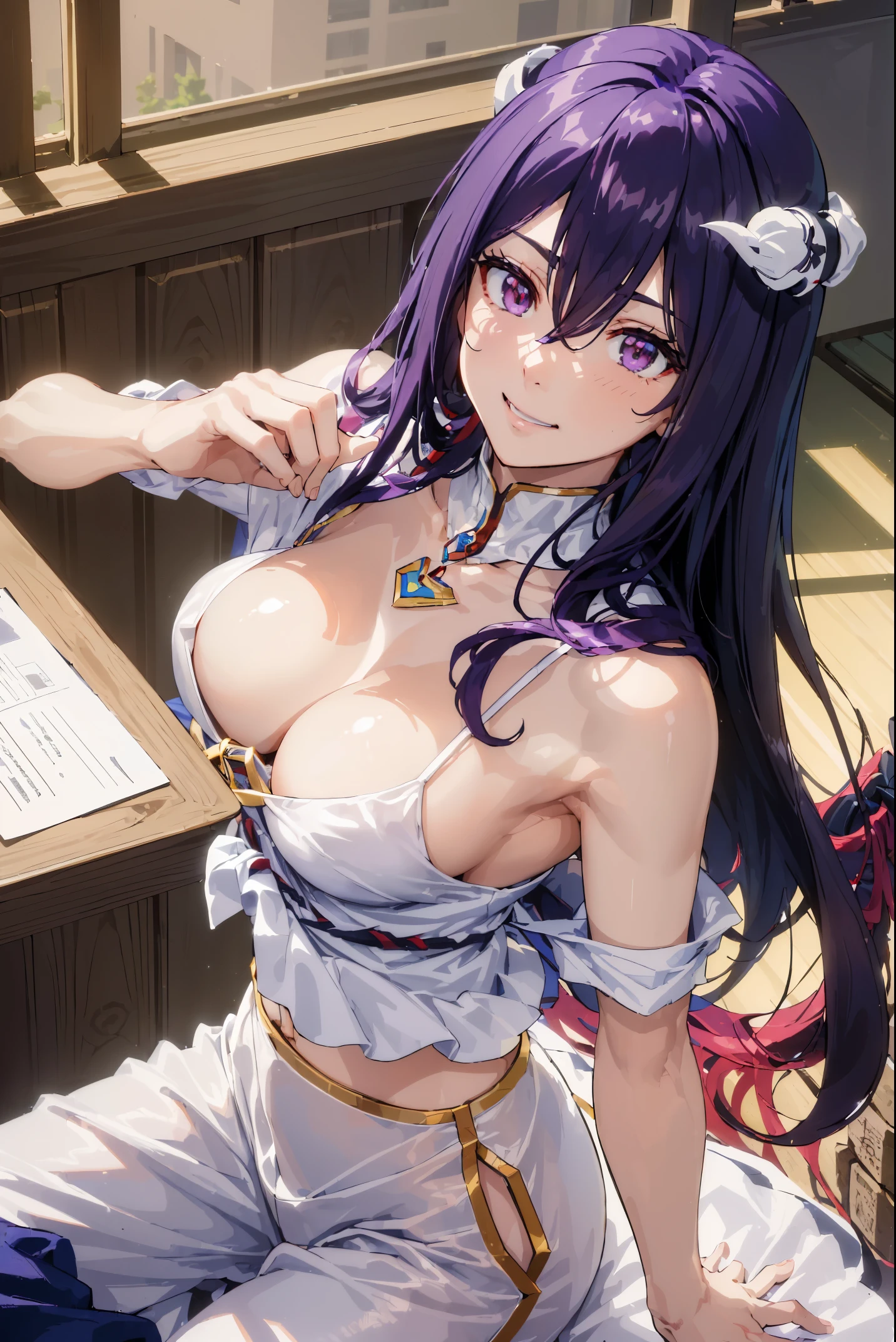 Anime girl with purple hair and purple eyes sitting on a bed - SeaArt AI
