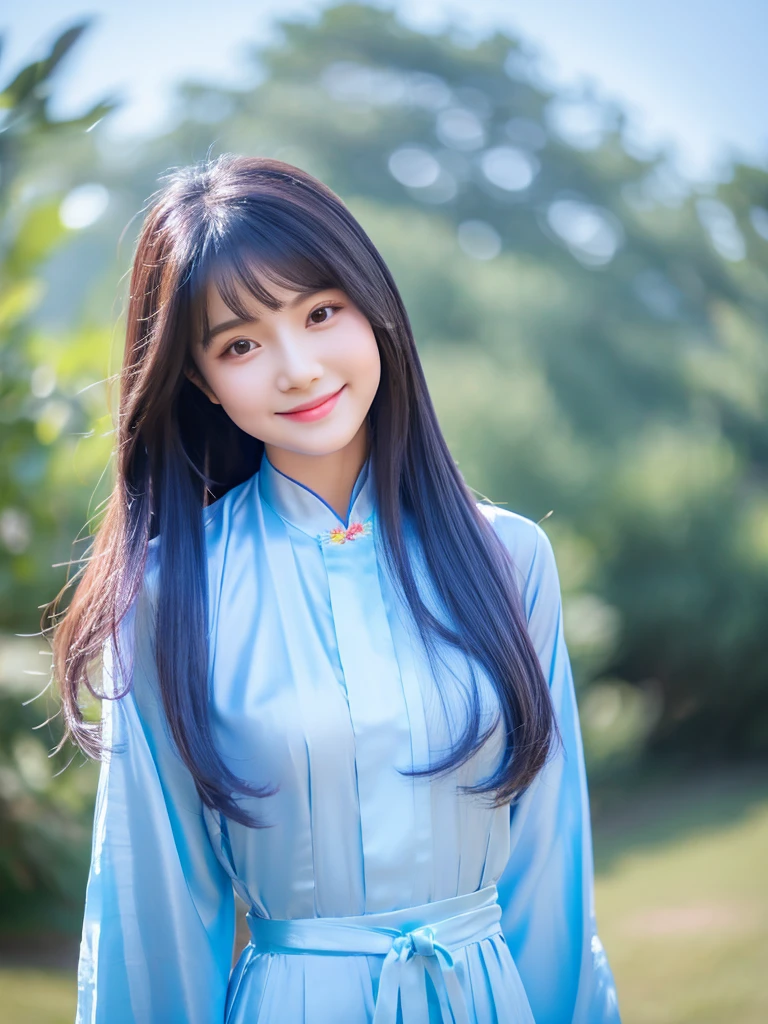 sky blue silk aodai, Vietnamese girl, smile , long silky hair, Realistic lighting, delicate face, Body perfect anatomy,Top Quality, 8K Resolution , full body , realistic , real human , High quality, realistic , Cinematic, Aesthetic, beautiful girl,
