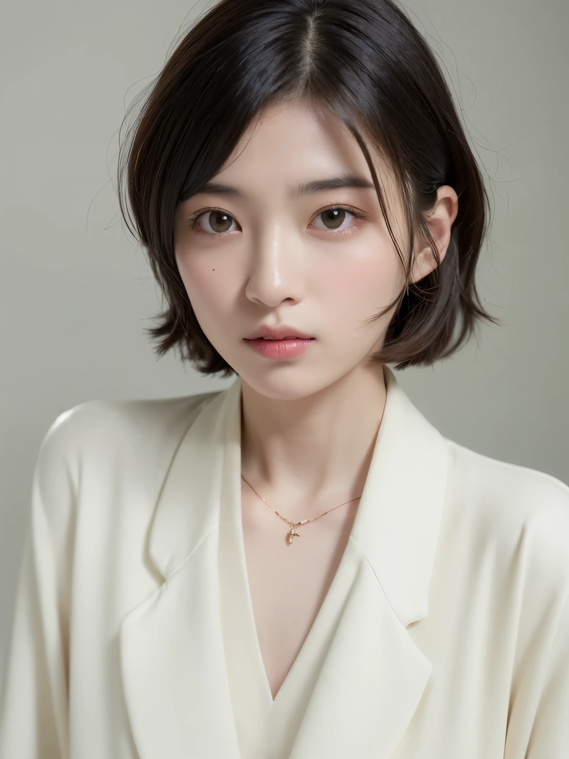 (top-quality、8K、32K、masterpiece、nffsw:1.2)、cute little日本人女性の写真、large full breasts、very short bobbed hair、The upper part of the body、sface focus、Oversized_Sweaters、a necklace、simple background、From above、looking at the viewers、mix4、(8K、Raw photography、top-quality、masterpiece:1.2)、(realisitic、Photorealsitic:1.37)、1girl in、cute little、profetional lighting、photon maping、physically-based renderingt、Gradient Brunette Hair、short curly hair、a handsome、Girly、superior image quality、hight resolution、1080p、(Clear face)、(Detailed face description)、(Detailed hand description)、(masuter piece)、(Exquisite CG)、 extreme light and shadows、hair messy、masterpiece、lush detail、(Exquisite facial features)、(The highest image quality)、(masterpiece)、(A detailed eye)、Looking forward to your eyes、Delicate collarbones、Poses variadas、don't watch mela、profile、white walls、Taken in front of the white door、(窓のあるwhite wallsの部屋)、Autumn clothes、Winter clothes、シンプルa necklace、Yellow-green jacket