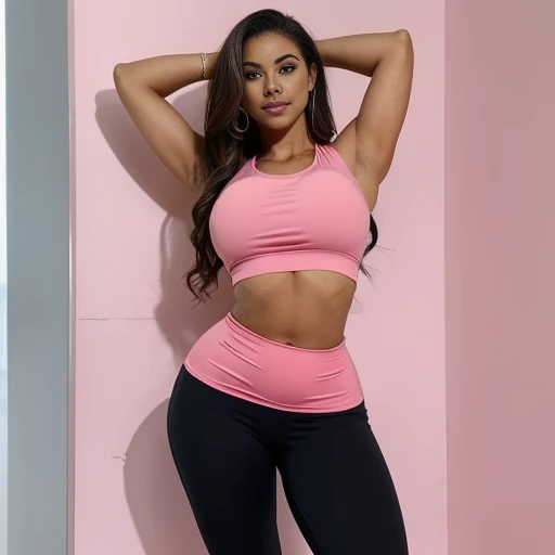 a woman in a pink top and leggings posing for a picture, inverted body type, beautiful woman body, short flat hourglass slim figure, beautiful shape of face and body, big wide broad strong physique |, model standing pose, standing athletic pose, perfect symmetrica body shape, fit curvy physique, two piece workout tight clothes, woman body, hourglass slim figure