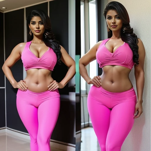 a woman in a pink saree and leggings posing for a picture, inverted body type, beautiful woman body, short flat hourglass slim figure, beautiful shape of face and body, big wide broad strong physique |, model standing pose, standing athletic pose, perfect symmetrica body shape, fit curvy physique, saree, woman body, hourglass slim figure