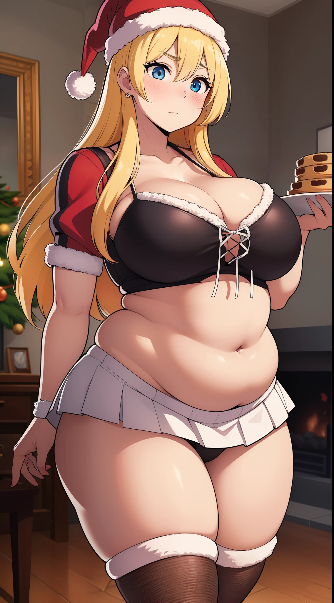 ((Masterpiece)), perfect anatomy, perfect shading, field of depth, (best quality), extremely delicate and beautiful, perfect lighting, detailed face, ultra cute face, cute, (cowboy shot 1.2), full body, ((1girl)), ((solo))
Girl 1: has long hair, fluffy hair, blonde hair, blue eyes, ((blush)), (embarrassed), extremely tight clothes, medium breasts, cleavage, perky breasts, ((wide hips)), (thick thighs), ((chubby)), pudgy belly, fat rolls, belly hang,
living room, fireplace, intricate background, detailed background, girls are standing next to each other, santa hat, (crop top 1.5), (red short skirt 1.5), holding plate of cookies,