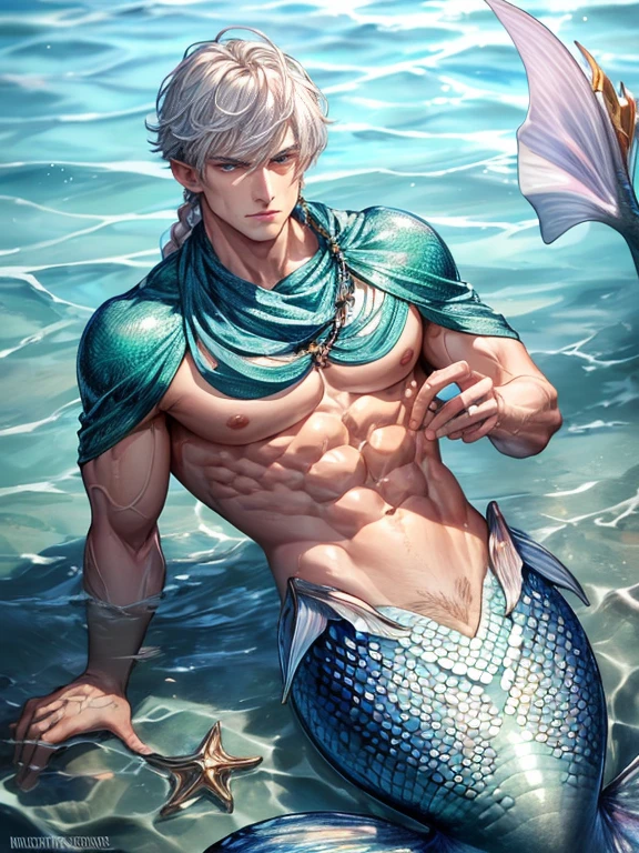 man, masculine, masculine face, attractive, muscular, (((1man))), masterpiece, absurdres, best quality ,intricate details , (shiny skin, shiny body, shiny oily luster skin, shiny hair), attractive, ((muscular)), , one, earrings, Don't look at the view , braided hair, perfect detailed face, perfect detailed hands, triton, fins, perfect eyes, triton ears, ((portait)), smirk, marine sea ornaments, ((in the water)), open chest, ((mermaid tail)), no legs, in the sea, fishes, masculine features, masculine face, few tattoos