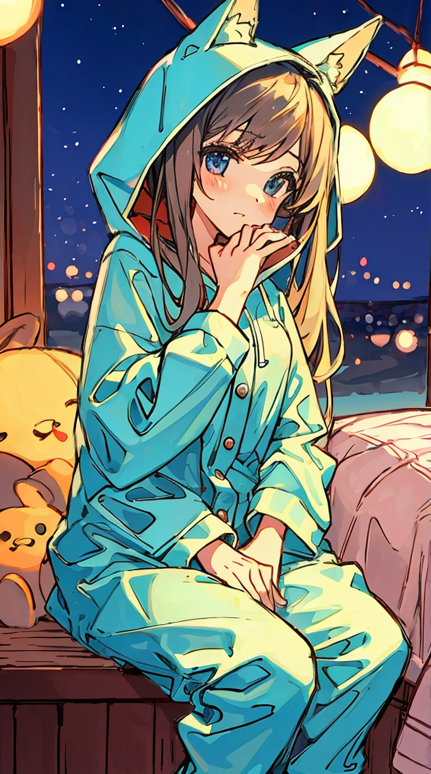 (NSFW:0.9),(:1.4), solo, full body, sitting, dynamic angle, white hair, flat chest, frilled, 3yo, brown hair, long hair, night, starry sky, dark, sleepy, want to sleep, animal ears hood, holding stuffed hamster, covered breasts,shy, blush,A young girl in pajamas holding a large stuffed animal, with a shy expression on her face, in a bedroom setting, The composition should exude a blend of sensuality and innocence, The background should be visually captivating, high resolution, erotic cute, cute and erotic appearance, best quality, highres, absurdres, full_body, perfect_anatomy, hands_perfect, beautiful_skin_x4, dynamic_lighting, shadow_blurringx4, perfect_hands, fine_fingers、Top image quality、Top resolution、masterpiece
