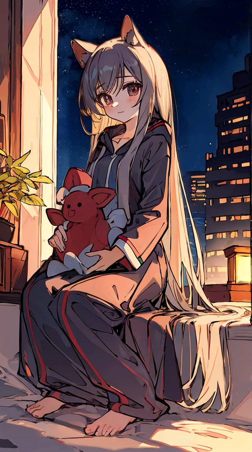 (NSFW:0.9),(little girl:1.4), solo, full body, sitting, dynamic angle, white hair, flat chest, frilled, 3yo, brown hair, long hair, night, starry sky, dark, sleepy, want to sleep, animal ears hood, holding stuffed hamster, covered breasts,shy, blush,A young girl in pajamas holding a large stuffed animal, with a shy expression on her face, in a bedroom setting, The composition should exude a blend of sensuality and innocence, The background should be visually captivating, high resolution, erotic cute, cute and erotic appearance, best quality, highres, absurdres, full_body, perfect_anatomy, hands_perfect, beautiful_skin_x4, dynamic_lighting, shadow_blurringx4, perfect_hands, fine_fingers、Top image quality、Top resolution、​masterpiece