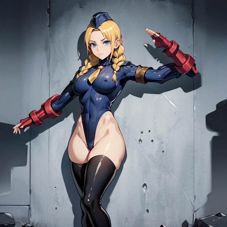 ultra-detailed, Explicit, Beautiful body, Beautiful Nose, Beautiful character design, perfect eyes, perfect face, ultra highres, 4K, beautiful legs, perfect legs, Nice hands, Perfect hand, Masterpiece, Best Quality, Highly detailed, illustration, absurdres, street fighter, doll suit, shadaloo doll, dollsuit, expressionless, blank eyes, looking at viewer, red gloves, emotionless, black latex, corrution, mind control, female combatant, full body, hypnotized, unhappy trance, full body suit, ribbed bodysuit, both arms at side, obey, perfect female body, extremely glossy latex, hypnosis, hypnoLora, empty eyes, Mind control device, poses, submissive_pose, Slave, hat, necktie, stand up straight, standing, standing at attention, hat, necktie, belt, latex, ribbed bodysuit, thighhighs, garter belt, Fighting Stance, extending the right arm from the shoulder into the air with a straightened hand, nazi saluting, military, military saluting, salute, thigh boots, 1girl, eiko tsukimi, blonde hair, blue eyes, braid, twin braids, long hair, (medium breast:1.2), Paripi Koumei