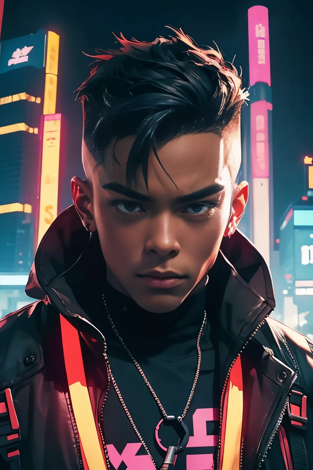 Cyberpunk Style, 1 male, malay, malaysia, malaysian, background neon, kuala lumpur, dark skin