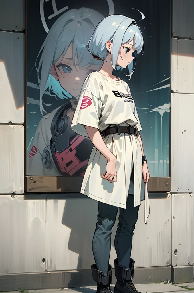 HDR, masterpiece,vintage,RTX,(masterpiece, best quality:1.2),ads modeling, Bangs,profile shot, solo, 1girl, oversized denim jacket and combat boots, underground or street art exhibition, android girl perfect for the future, cyborg girl, blue cyborg, cyborg - girl with silver hair, cyber machine female face, modern cyberpunk anime, cyborg girl, cyberpunk ads, perfect anime cyborg woman, porcelain cyborg, perfect cyborg woman, beautiful android ((modern clothes)) Looking at the viewer, looking at the camera,Magazine cover,a close up of a poster with a person on a cell phone, by Shinoda Toko, by Tadashi Nakayama, by Hirohiko Araki, manga cover style, manga comic book cover, by Yokoyama Taikan, inspired in hirohiko araki, by Yoshiyuki Tomino, by Yoshihiko Wada, by Yumihiko Amano(oversize clothing,baggy, white plain t-shirt, longline tee:1.2),