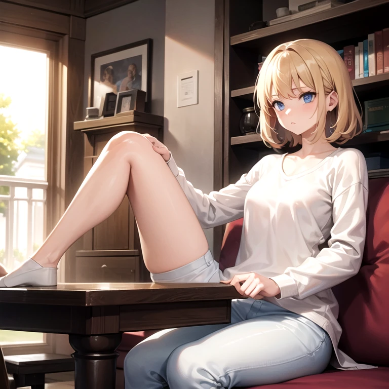 masterpiece, best quality, 1girl, solo, wavy hair, short hair, blonde hair, blue eyes, white shirt, long sleeves, t-shirt, beige pants, sitting, couch, living room, frown, venusbody