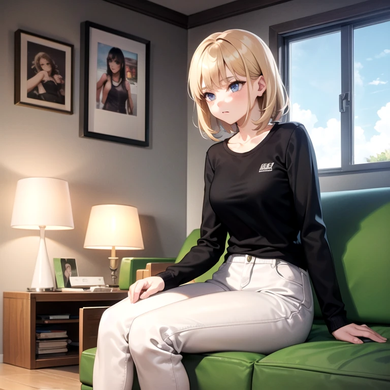 Girl with short shirt on, blonde hair and green eyes