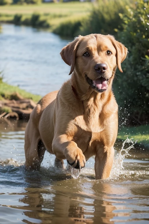 Send me a realistic, professional photo of a brown Labrador,Labrador is playing in the water,The background is houses and countryside
