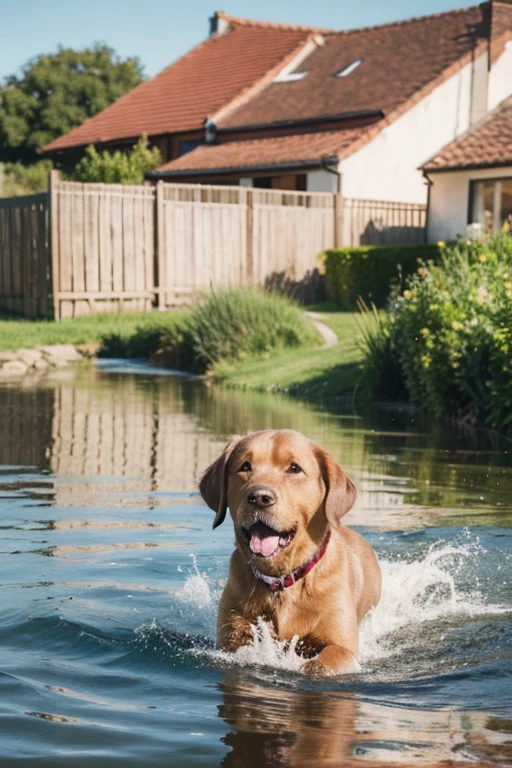 Send me a realistic, professional photo of a brown Labrador，Labrador is playing in the water，The background is houses and countryside