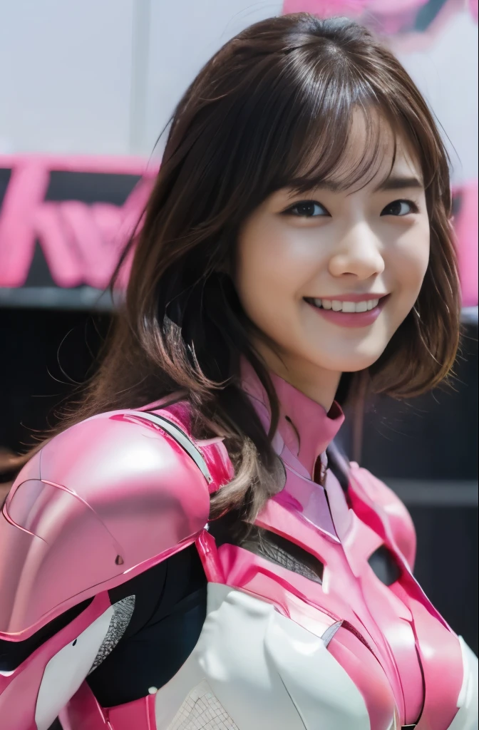 pink power range lemele、Realistic、Writing, Glossy suit、Power Rangers Bodysuit、professional photograpy、Does not expose the skin, Japanese Models,、,The skin is not exposed、fleshy body, A smile、Colossal tits、A dark-haired