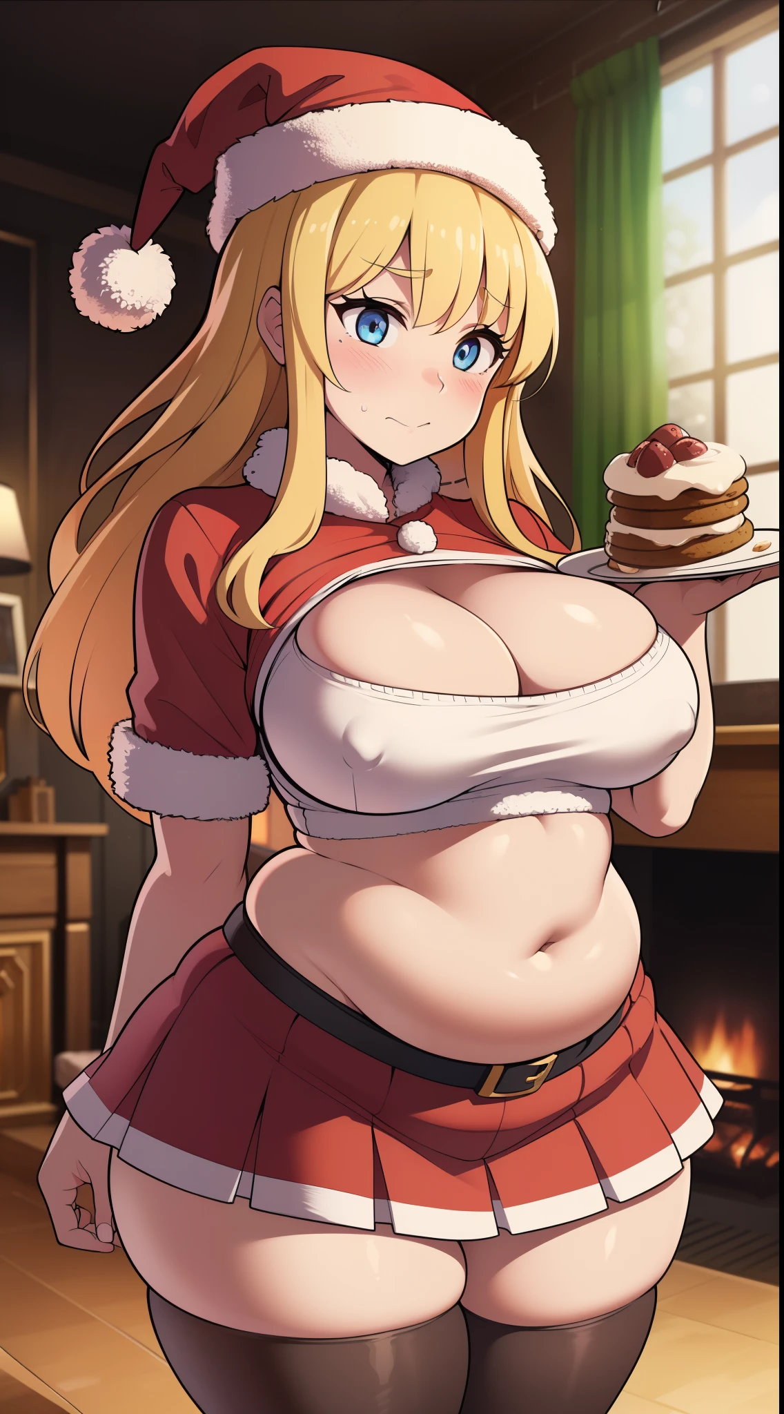 ((Masterpiece)), perfect anatomy, perfect shading, field of depth, (best quality), extremely delicate and beautiful, perfect lighting, detailed face, ultra cute face, cute, (cowboy shot 1.2), full body, ((1girl)), ((solo))
Girl 1: has long hair, fluffy hair, blonde hair, blue eyes, ((blush)), (embarrassed), extremely tight clothes, medium breasts, cleavage, perky breasts, ((wide hips)), (thick thighs), ((chubby)), pudgy belly, fat rolls, belly hang,
living room, fireplace, intricate background, detailed background, girls are standing next to each other, santa hat, santa outfit (crop top 1.5), (red short skirt 1.5), holding plate of cookies,