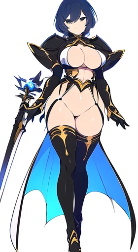 (((Best Quality))) , ((full body)), female, reference sheet, solo, (white background), holding sword, gloves, thigh high,  front pelvic curtain, bottomless,