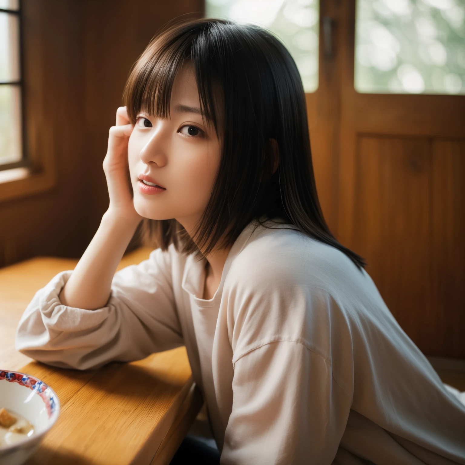 18year old, (tmasterpiece: 1.4), (8K, Realiy, Photo RAW, top-quality: 1.4), Japanese, (1 rapariga), kawaii faces, (real face: 1.4),beatiful detailed eyes, (authentic skin: 1.They are beautiful, good-looking, 超A high resolution, Ultraphotorealism, K HD | |, the golden ratio, (详细的脸: 1.4),traditional Japanese room、Kotatsu、yawns、Close one eye、short-cut、looks sleepy、top and bottom of trainer、Red face