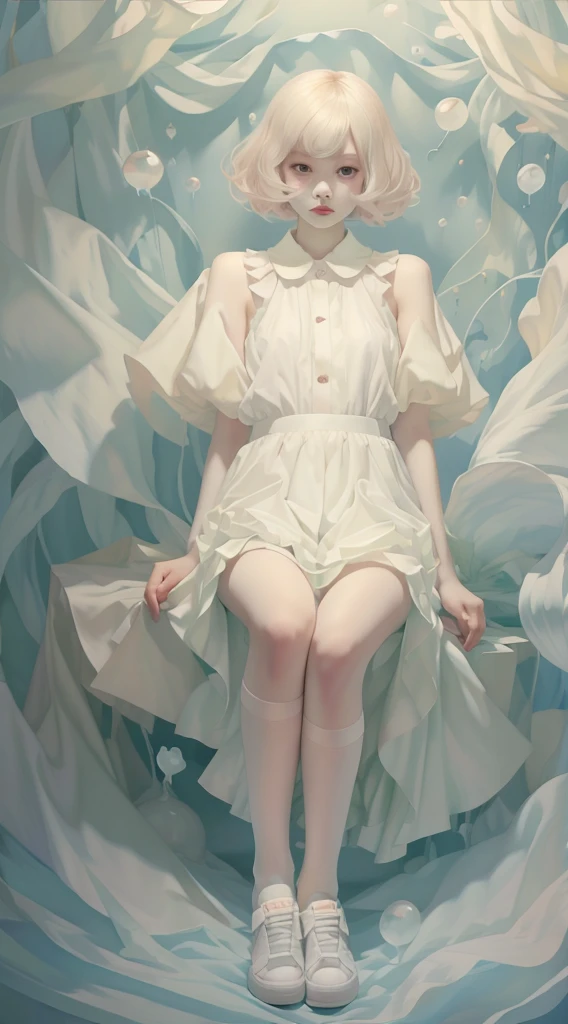 A girl in a dark scene,little girl,Wear jewelry and pearls around your neck,hollowed out,clean,curls, small, Face turned red, thigh, bare shoulders, clavicle, Willow Yao, barefoot,(masterpiece), slim,((Full body female love))