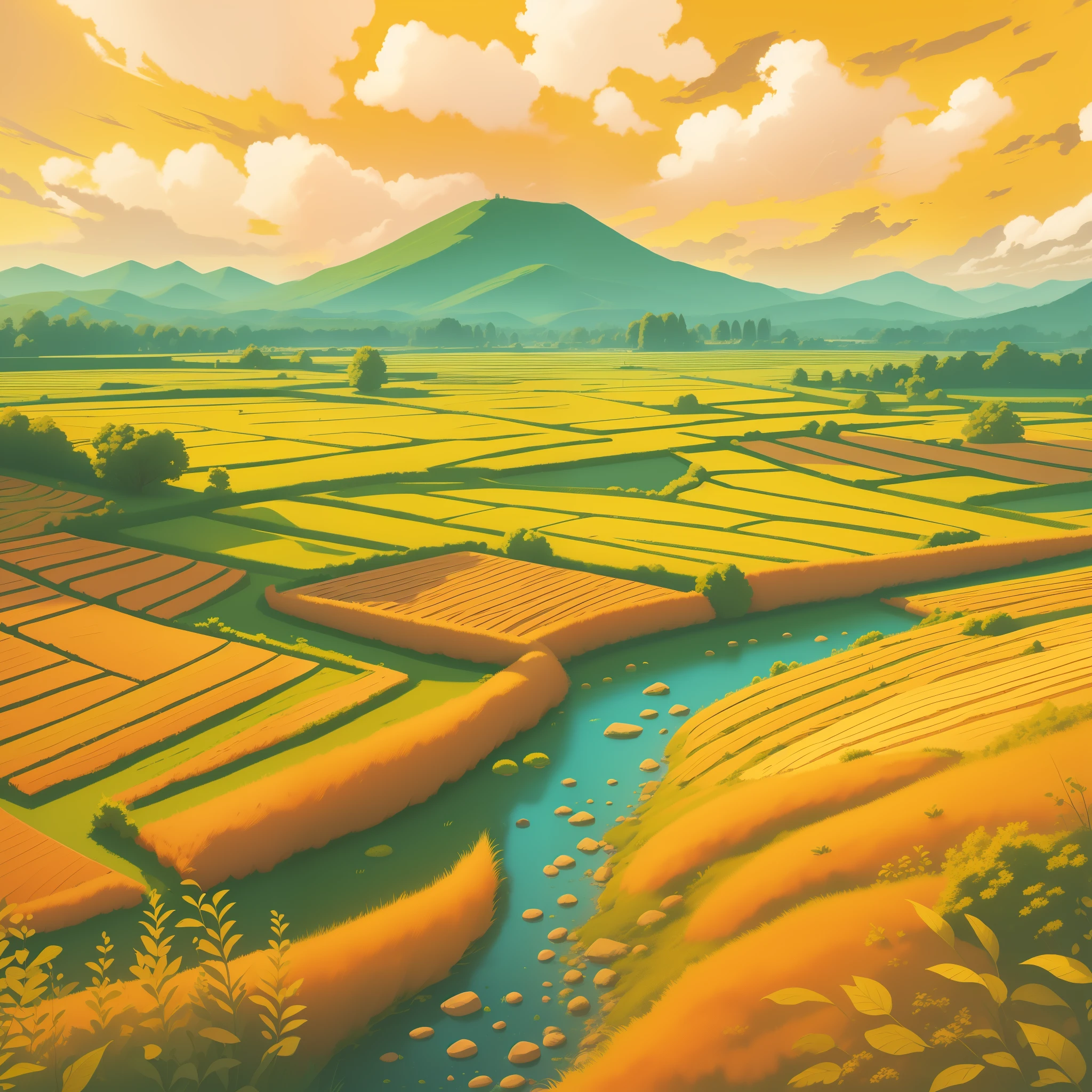 tmasterpiece, Best quality at best, (Extremely detailed 8k wallpaper) (Best quality at best), (Best Best Illustration), (The best shadow), Endless golden rice fields, with blue sky and white clouds,Cross the creek, Beautiful setting, ultra - detailed, , Impressionistic style