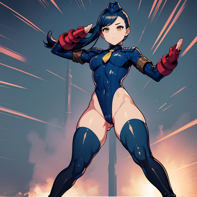 ultra-detailed, Explicit, Beautiful body, Beautiful Nose, Beautiful character design, perfect eyes, perfect face, ultra highres, 4K, beautiful legs, perfect legs, Nice hands, Perfect hand, Masterpiece, Best Quality, Highly detailed, illustration, absurdres, street fighter, doll suit, shadaloo doll, dollsuit, expressionless, blank eyes, looking at viewer, red gloves, emotionless, black latex, corrution, mind control, female combatant, full body, hypnotized, unhappy trance, full body suit, ribbed bodysuit, both arms at side, obey, perfect female body, extremely glossy latex, hypnosis, hypnoLora, empty eyes, Mind control device, poses, submissive_pose, Slave, hat, necktie, stand up straight, standing, standing at attention, hat, necktie, belt, latex, ribbed bodysuit, thighhighs, garter belt, Fighting Stance, extending the right arm from the shoulder into the air with a straightened hand, nazi saluting, military, military saluting, salute, thigh boots, 1girl, Myne (Rozemyne), Ascendance of a Bookworm, blue hair, long hair, yellow eyes,