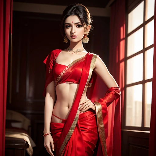 a woman in a red sari posing for a picture, featured on instagram, seductive, angular, , hot, sexy