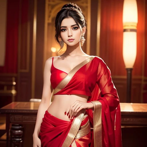 a woman in a red sari posing for a picture, featured on instagram, seductive, angular, , hot, sexy