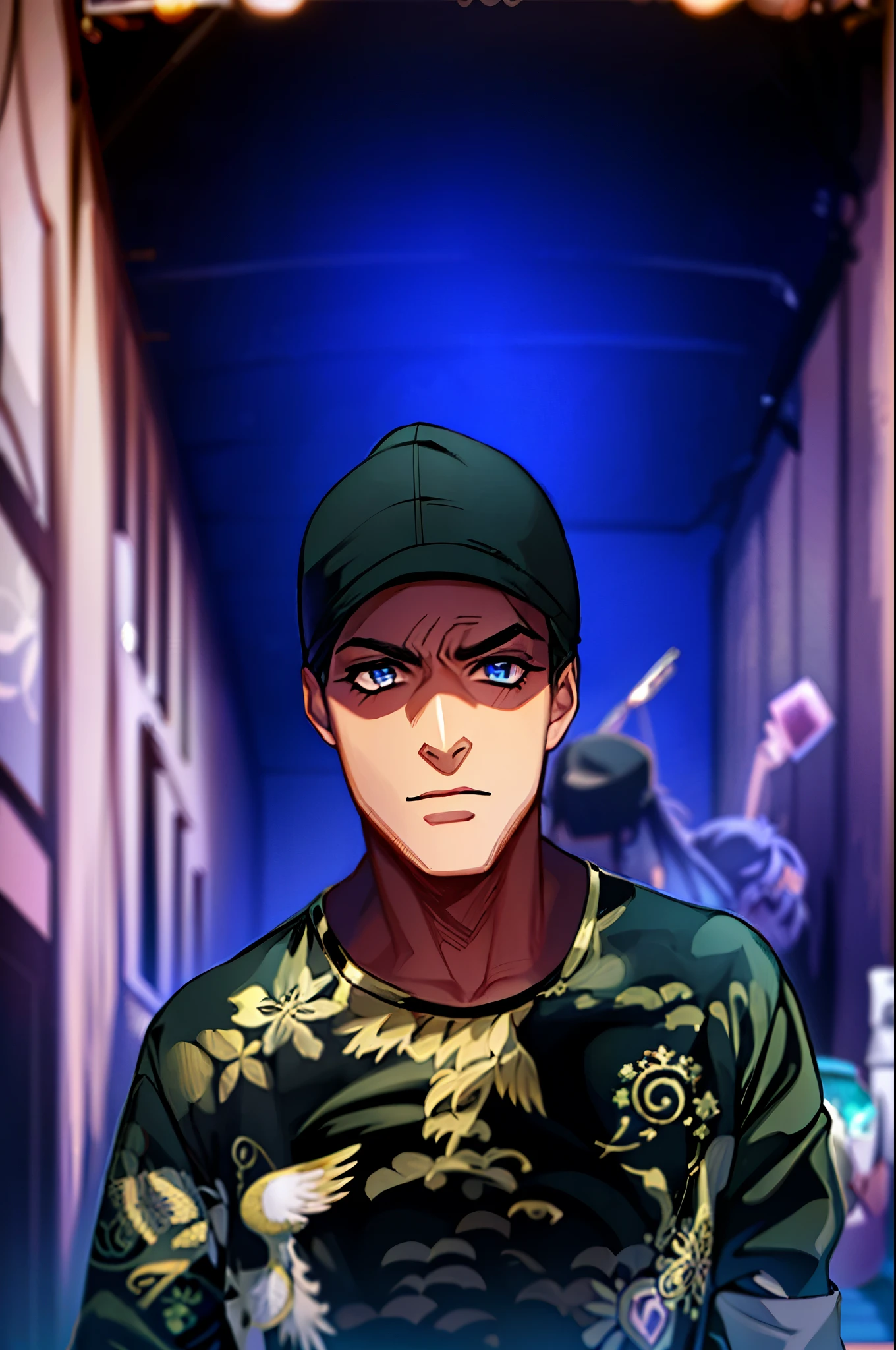 Man in black hat and black shirt, em torno de 1 9 anos, com rosto preciso, anime style, jojo,