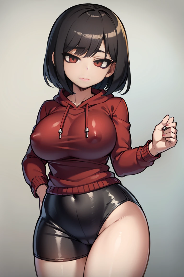 short black hair, dark red hoodie, black skirt, black eyeliner, wide hips, chubby, dark brown eyes, cute, bangs, masturbating, covered nipples