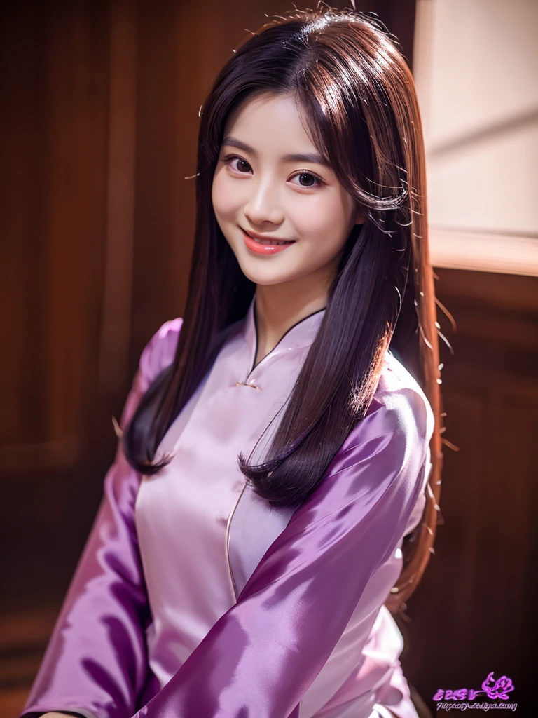 dark purple silk aodai, Vietnamese girl, smile , long silky hair, Realistic lighting, delicate face, Body perfect anatomy,Top Quality, 8K Resolution , full body , realistic , real human , High quality, realistic , Cinematic, Aesthetic, beautiful girl,