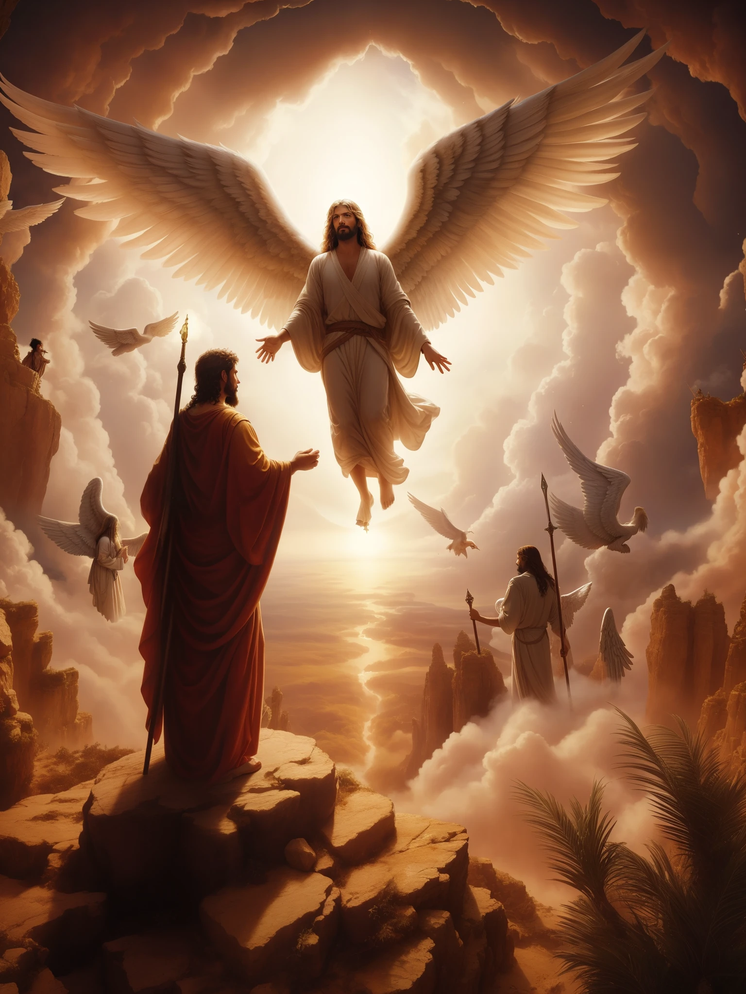 uma pintura de um anjo voando sobre um grupo de pessoas, Segunda vinda, jesus christ fighting lucifer, epic biblical representation, anjo protegendo o homem, Anjos no heaven, heaven and hell, heavenly rapture, hell and heaven, heaven vs hell, heaven!!!!!!!!, ascension, anjos voadores, she is arriving heaven, angels protecting a praying man, biblical accurate angel, 2 anjos