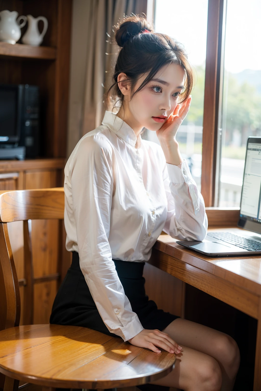 ((Best quality at best)), ((tmasterpiece)), (Detailed pubic hair), The background is in a cafe，natural classic face，Two people are discussing work，Computer，The mouth is talking，long sleeve work uniform，Hair tied up，中景 the scene is