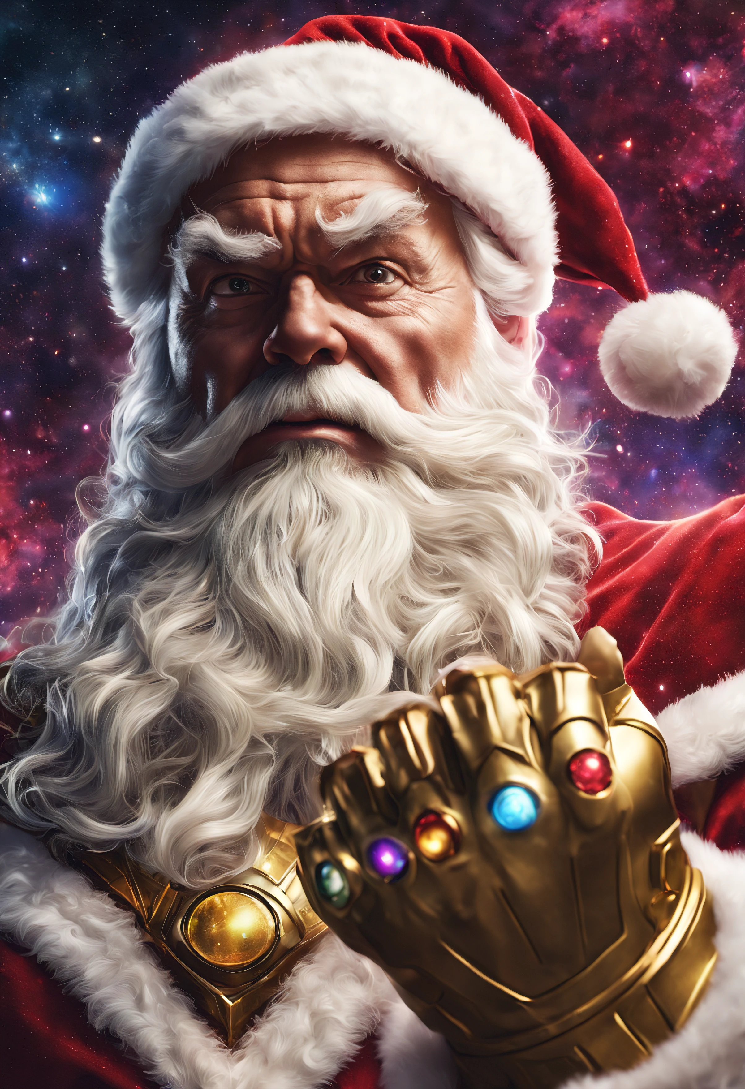 digital illustration of Santa Claus wearing the infinity gauntlet, fierce expression, emanating with power, cosmic Christmas background, close shot, cinematic, (style of Marvel), (detailed, high quality, highres, 8k high saturation)