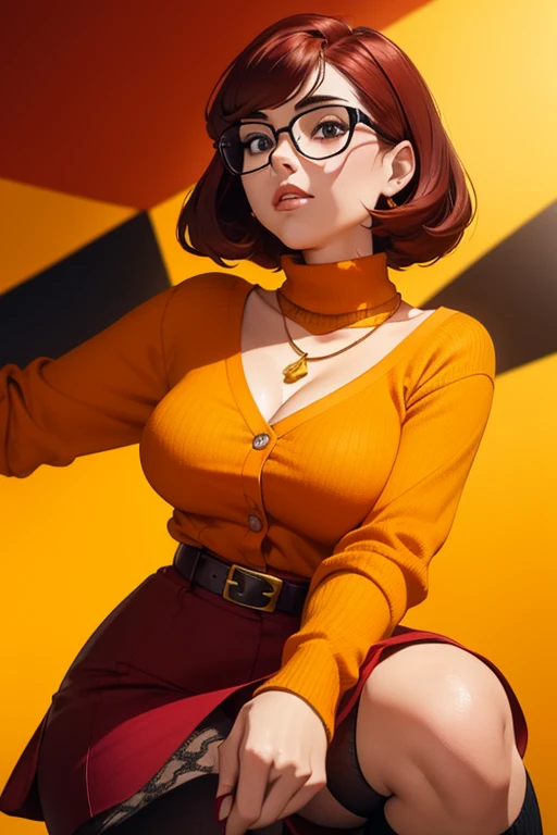 ((masterpiece, best quality, ultra-detailed, ultra-HD, photorealistic, cinematic)), (close-up camera shot, from below:1.2), (twerking,  pose), (alluring and voluptuous female as Velma Dinkley:1.2), perfect anatomy, perfect face, proportioned hands, (deep shade of auburn with a slight natural wave hair color, chin-length bob with blunt bangs hairstyle:1.3), (retro-chic style outfit, knee-length and maroon turtleneck dress), (a matching maroon belt that cinches at her waist:1.2), (thick-framed black square glasses), (wears knee-high, mustard-yellow socks that peek out just above her brown, sensible lace-up shoes), (sports a delicate, gold pendant necklace with a small magnifying glass charm), (vibrant orange cardigan slung over her shoulders), ((dynamic background))