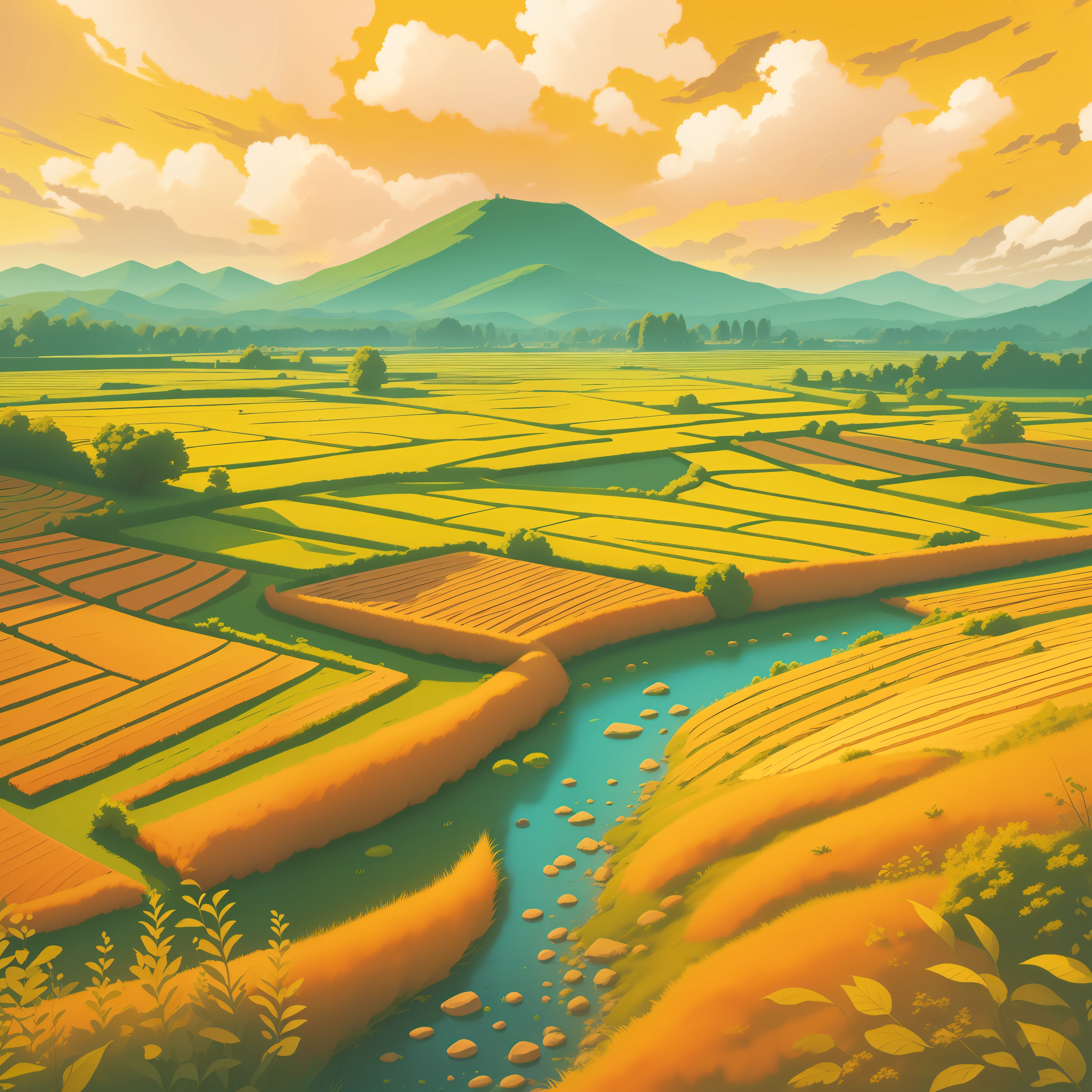tmasterpiece, Best quality, (Extremely detailed 8K wallpaper) (Best quality), (Best Best Illustration), (The best shadow), Endless golden rice fields, with blue sky and white clouds,Cross the creek, Beautiful setting, ultra - detailed, , Impressionistic style