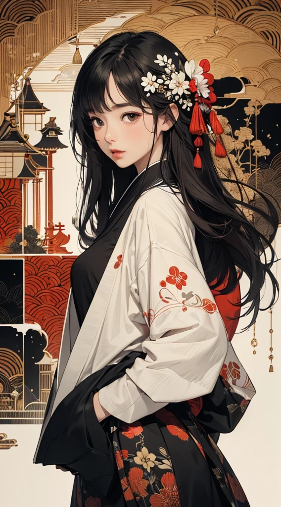 ((8k wallpaper of extremely detailed CG unit, ​masterpiece, hight resolution, top-quality, top-qualityのリアルテクスチャスキン)), (Very beautiful and attractive woman, Plump lips, The upper part of the body, Hands in pockets:1.5, Japanese pattern micro mini shorts:1.2, Japanese pattern haori:1.2), (A dark-haired, hair messy, de pele branca, small tit), ((Colorful background with geometric patterns, Japanese pattern background, warm color)), (hyper realisitic, digitial painting),