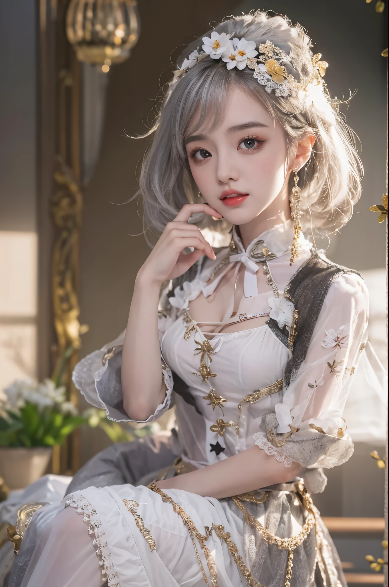 Special clothes39,maid, ((cowboy shot)), Redlip, A mature woman, cosmetics, フォトリアリスティック、real photograph、((realistically:1.5))、There are white phalaenopsis around the hair，Lilac dendrobium、white lilies、1 rapariga、Brown hair、floated hair、A plump chest, slim toned body, Charming legs, Strike elegant poses, Have extremely beautiful facial features、Hairpin on the head、perfect hand、(natta、themoon、precipice)、 vectorial art、Chinese contemporary art、gentlesoftlighting、looking-down