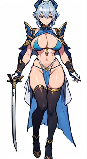 (((Best Quality))) , ((full body)), female, reference sheet, solo, (white background), holding sword, gloves, thigh high, pelvic curtain, bikini bottom only,