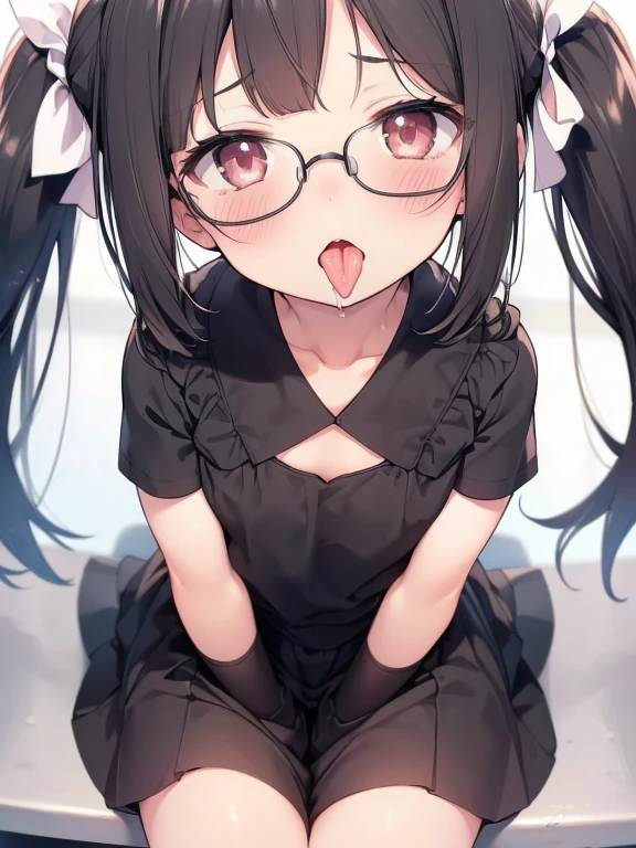 ultra-detailliert, Best Quality, High resolution, ((A petite, black-haired, cute girl with droopy eyes wears round glasses and looks upwards.))、Pretty eyes、Detailed eye depiction、Eye sparkle、Looking at Viewer, pale skin、(((Petite)))、(flat chest:1.4), (blush:1.2), （big eye:1.4）, a smile, Lying on your back in bed, Focus on the face, Long hair with twin tails, ((super close up of tongue))、(((from above))), open mouth, (((face only))), ((naked)), nsfw, saliva, maid clothes