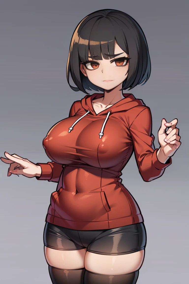 short black hair, dark red hoodie, black skirt, black eyeliner, wide hips, chubby, dark brown eyes, cute, bangs, masturbating, covered nipples, cameltoe