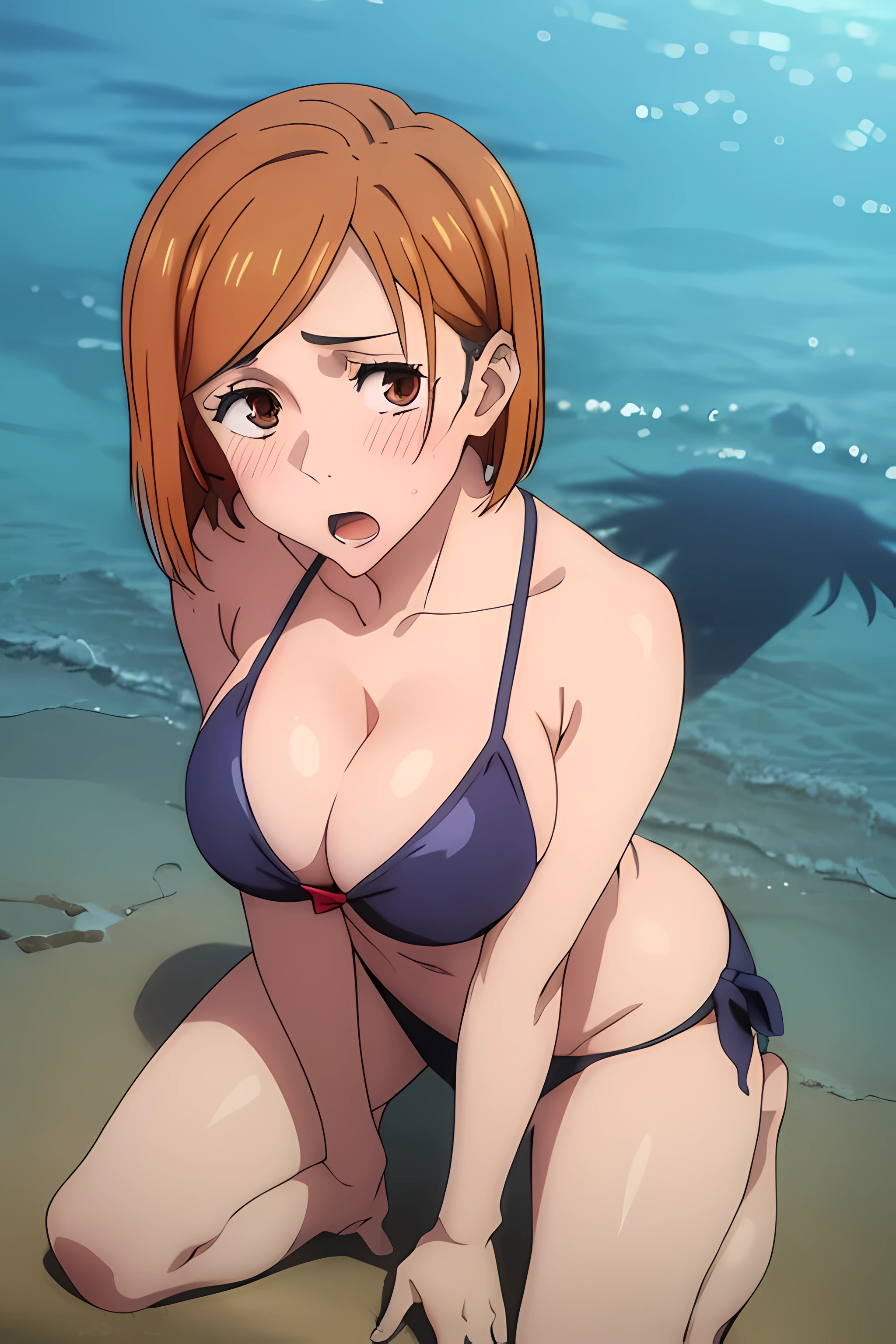 (masterpiece), (best quality), (ultra-detailed), (best illustration), (best shadow), (absurdres), nobarakugisakinova, short hair, orange hair, ((brown eyes)), kugisaki nobara, 1girl, solo, bangs, open mouth, (looking up at viewer), upper body, (ocean background), ((cleavage)), ((bikini)), ((blushing)), sexy, (hands on breasts), large breasts, ((kneeling)), ((((cumshot)))),