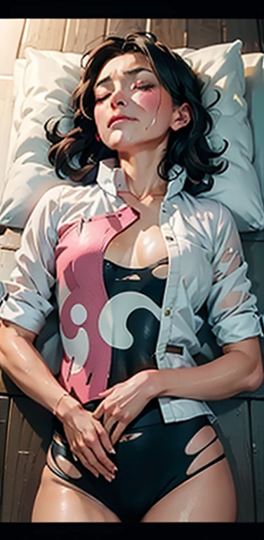 (full figure:1.1), moaning in pain, feeling pain, tearing, sore, crying, bust botox, (sleeping beauty on back:1.4), wet skin and hair, hard breasts, short hair, (naked lower body, torn, mid-chest torn shirt, no underwear, shirt covers Live ass:1.2), (make her tenten:1.5), perfect body, open (perfect body, small ke), fashion realistic, high-definition sysie details, photography , sharpness, unique 850 4, koda850 k portrait camera, f1.6 lens, rich colors, super realistic texture, spectacular light texture, surreal art, Cinestil 800 fashion mechanism, scared to tears, full of tears, obey the pain, moan in pain, grimace in pain, ahegao, head back, bodypaint,