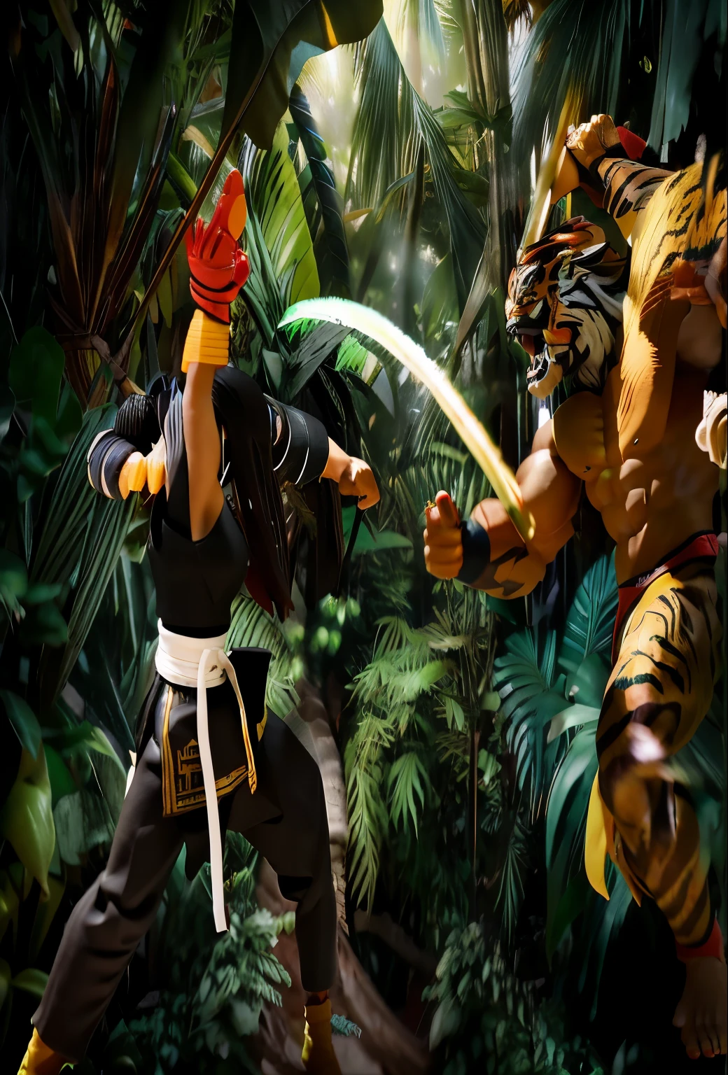 there are two action figures of a man and a woman fighting in a jungle, anime fight, a wizard battling a tiger, fighting game character, kung fu, inspired by Gatōken Shunshi, fighting stance, in a fighting stance, ryu from street fighter, fighting game, sun wukong, intense fighting, wukong, preparing to fight