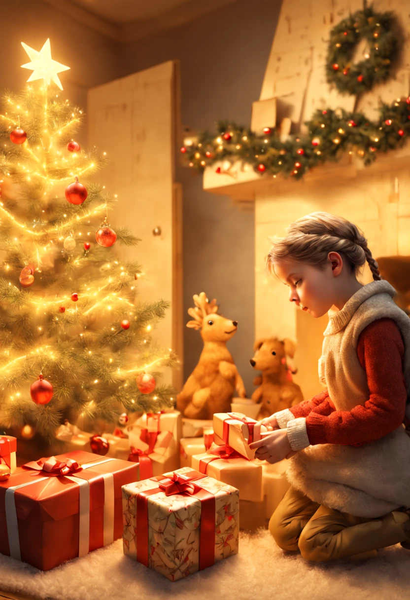 Receive Christmas Gift, Festive atmosphere, surprise, by E.H. Shepard, enhance, intricate, (best quality, masterpiece, Representative work, official art, Professional, unity 8k wallpaper:1.3)
