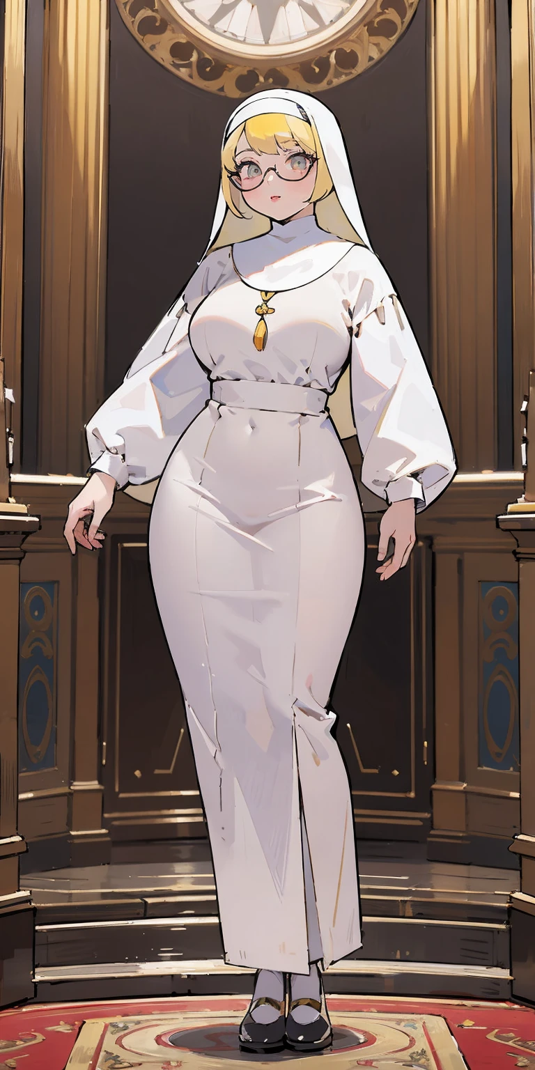 (Best quality, 4k, Masterpiece :1.3), full body standing symmetrical beautiful woman, hyper realistic, 1girl, nun outfit, yellow sunglasses, muscular turned arms behind body