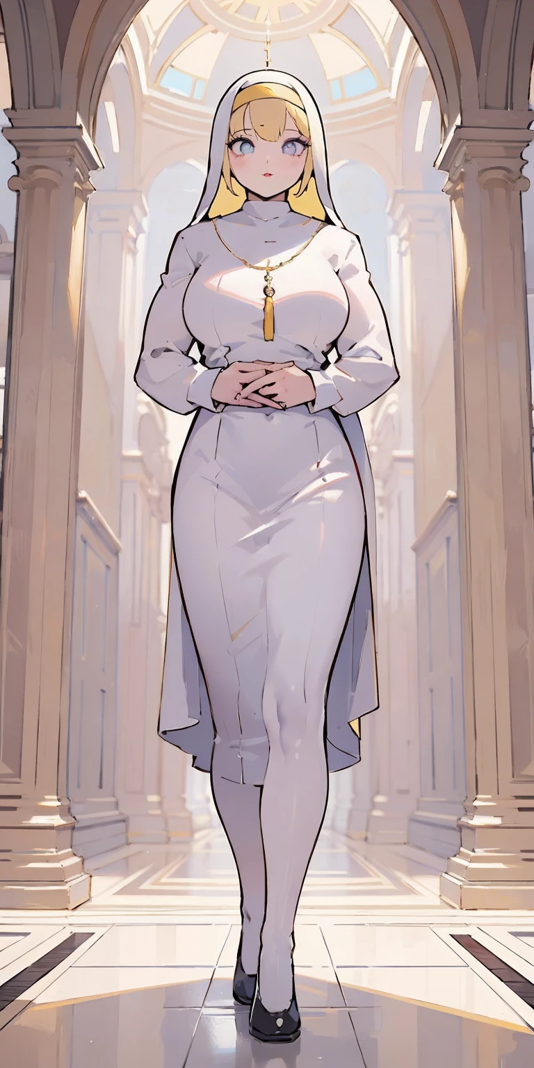 (Best quality, 4k, Masterpiece :1.3), full body standing symmetrical beautiful woman, hyper realistic, 1girl, nun outfit, yellow sunglasses, muscular turned arms behind body