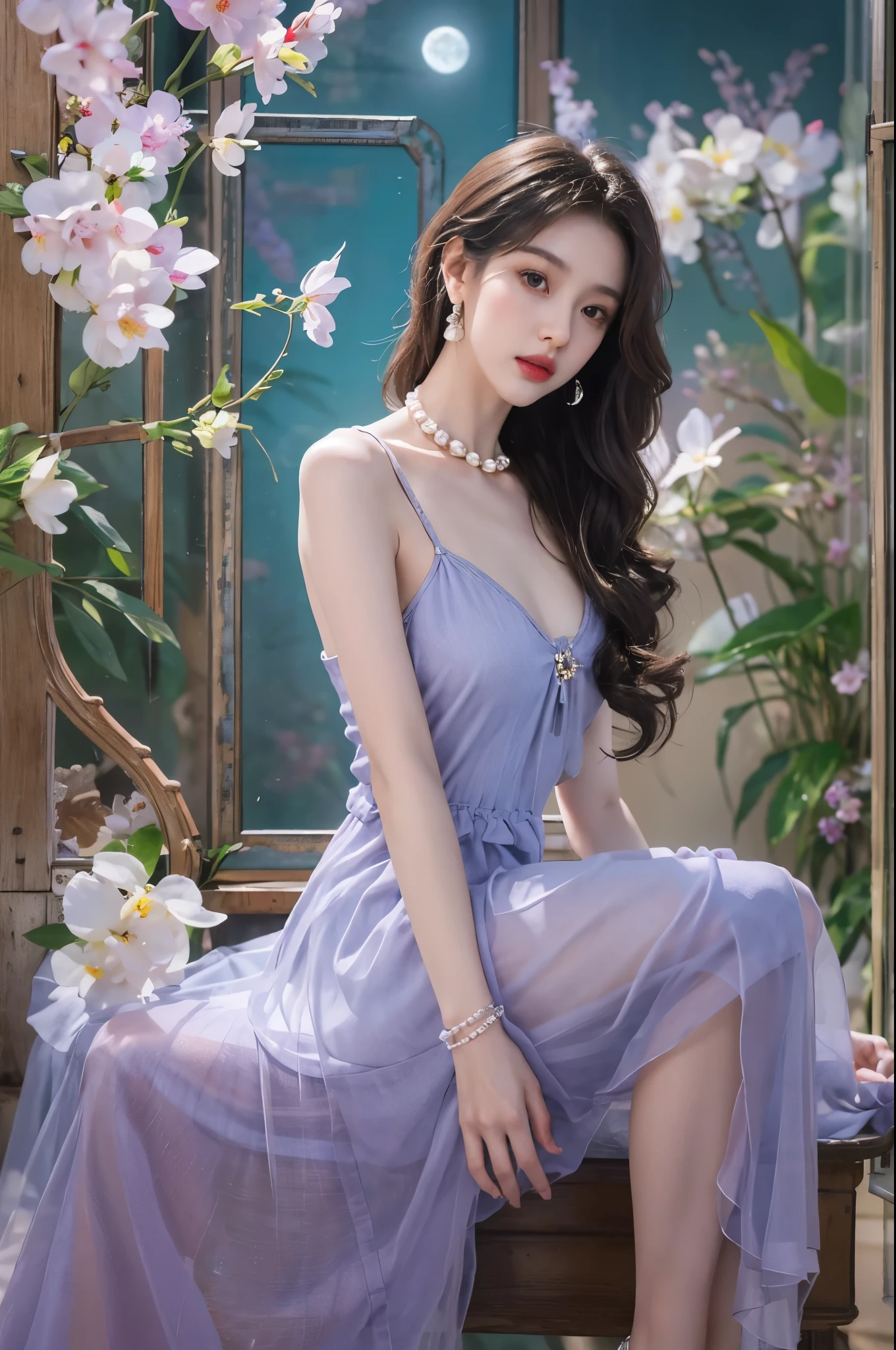 Sweet girl clothes2,pearl necklace,blue dress,flower, ((cowboy shot)), Redlip, A mature woman, cosmetics, フォトリアリスティック、real photograph、((realistically:1.5))、There are white phalaenopsis around the hair，Lilac dendrobium、white lilies、1 rapariga、Brown hair、floated hair、A plump chest, slim toned body, Charming legs, Strike elegant poses, Have extremely beautiful facial features、Hairpin on the head、perfect hand、(natta、themoon、precipice)、 vectorial art、Chinese contemporary art、gentlesoftlighting、looking-down